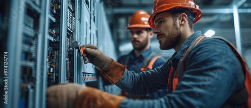 Two workers in hard hats inspect and operate electrical panels in a modern industrial setting, showcasing teamwork and safety.