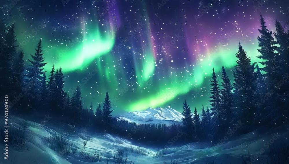 Fototapeta premium Stunning Aurora Borealis dancing in the night sky above a snowy forest.