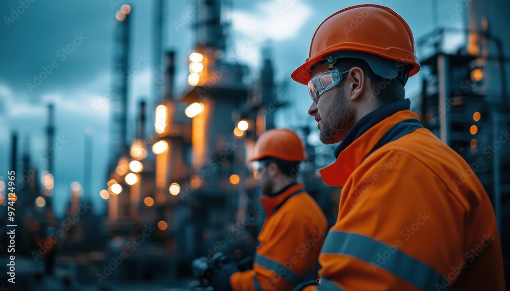 Workers in safety gear at an industrial facility, focused on their tasks amidst machinery and evening lighting. Workers in safety gear at an industrial facility, focused on their tasks amidst machinery and evening lighting.