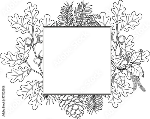 Hand drawn autumn botanical frame with falling leaves. Vector illustration in sketch style isolated on white. Realistic forest design element. Space for text