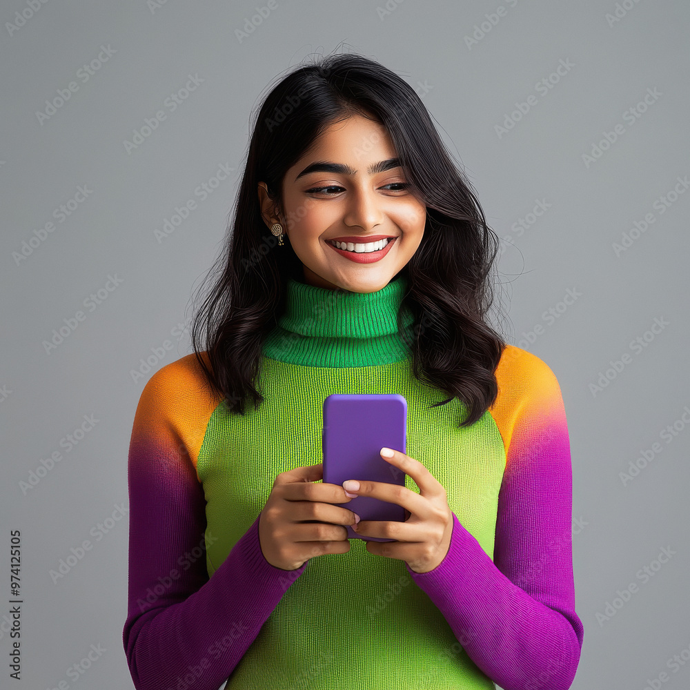indian girl wearing bright color turtle neck sweater top holding smartphone with both hands indian girl wearing bright color turtle neck sweater top holding smartphone with both hands