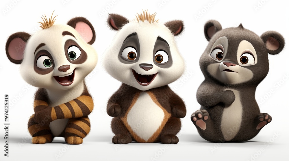 Adorable collection of 3d cartoon panda bears displaying happiness on a white background Adorable collection of 3d cartoon panda bears displaying happiness on a white background