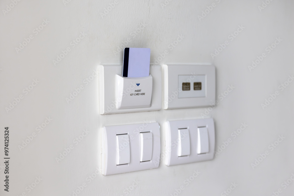 Key card inserted in holder switch hotel room. Key card inserted in holder switch hotel room.