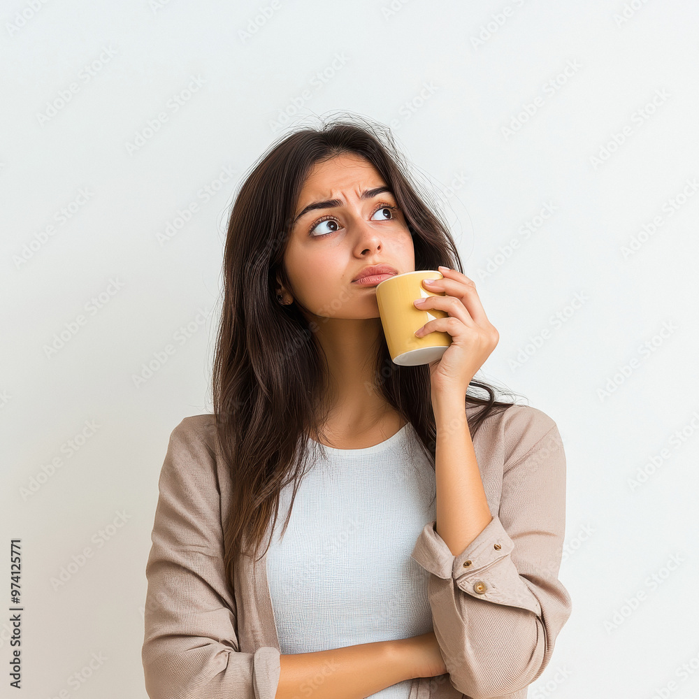 young modern india women, thinking, confused, holding chai in hand, white background young modern india women, thinking, confused, holding chai in hand, white background