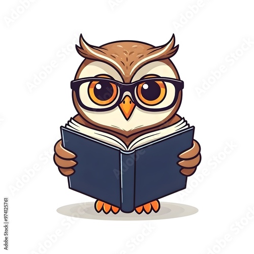 a vector logo of a cartoon owl reading a book wearing glasses, mascot, character, education, learning, wisdom, knowledge, library, study, cute, animal, bird, design, graphic, emblem, symbol, creative photo