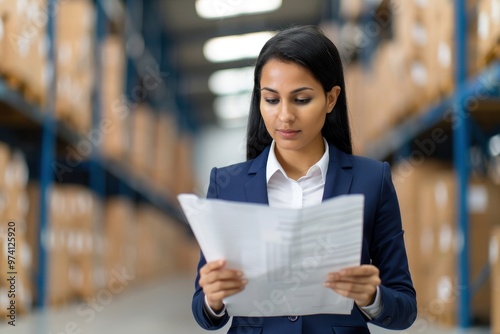 A female warehouse supervisor dressed in formal attire reviews paperwork while standing in a large storage facility filled with boxes on shelves.