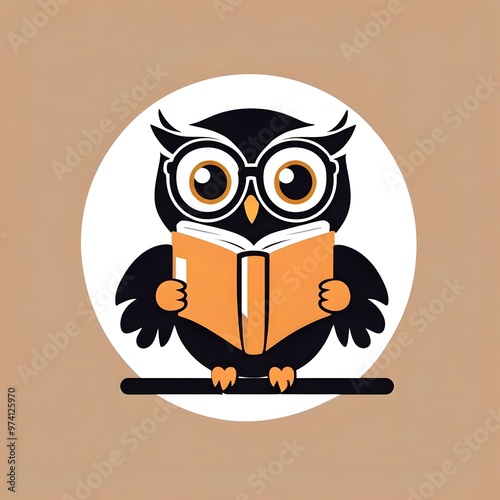 a vector logo of a cartoon owl reading a book wearing glasses, mascot, character, education, learning, wisdom, knowledge, library, study, cute, animal, bird, design, graphic, emblem, symbol, creative