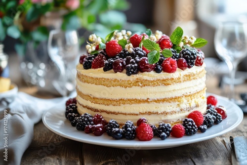 Wallpaper Mural A delicious layered cake adorned with fresh berries, perfect for celebrations and gatherings, showcasing vibrant colors and textures. Torontodigital.ca
