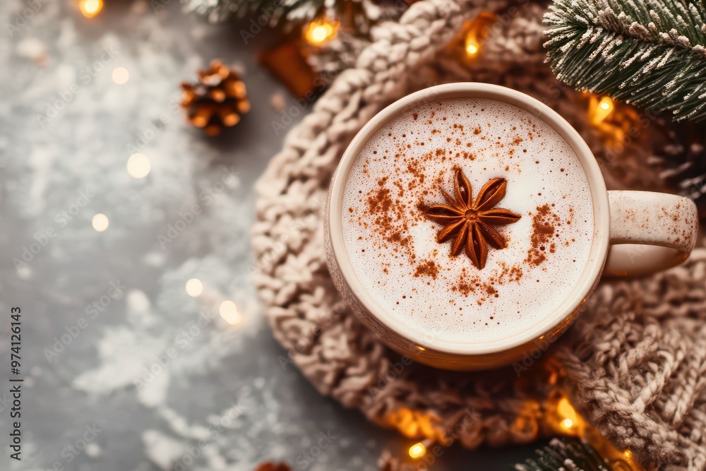 Cozy cup of spiced beverage adorned with star anise, surrounded by festive decorations and warm lights. Cozy cup of spiced beverage adorned with star anise, surrounded by festive decorations and warm lights.