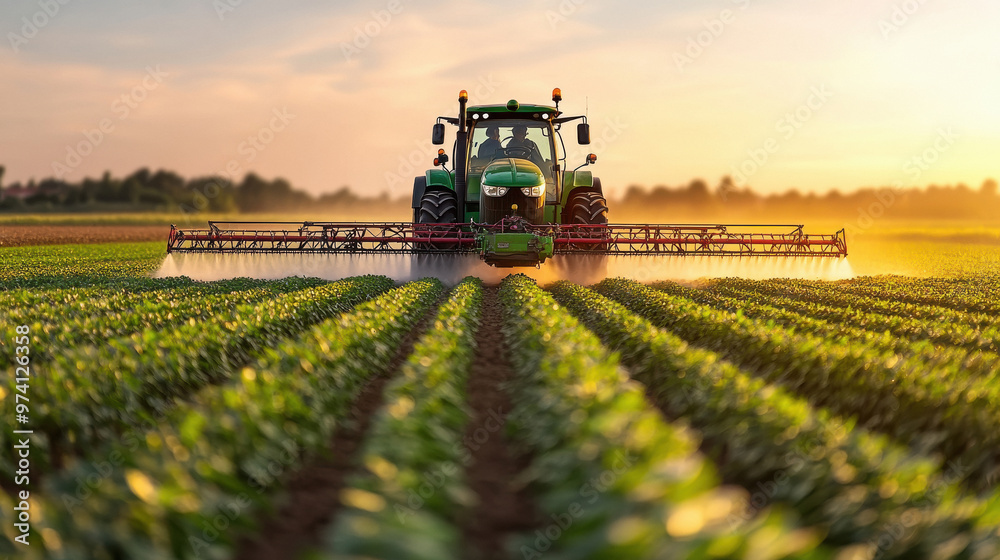 tractor spraying pesticides on an agricultural field with rows of corn during sunset. tractor spraying pesticides on an agricultural field with rows of corn during sunset.