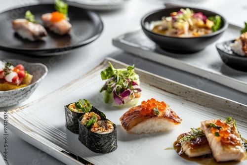 A beautifully arranged sushi platter featuring various types of sushi and garnishes.