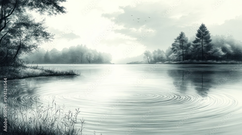 Serene lake scene with gentle ripples and soft, cloudy sky.