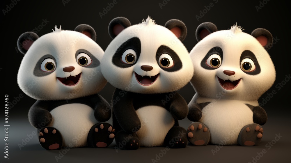 Charming collection of three 3d cartoon panda bears, joyfully isolated on a white background Charming collection of three 3d cartoon panda bears, joyfully isolated on a white background