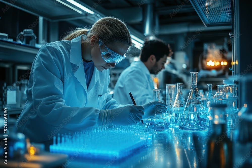 A scientist conducts experiments in a modern laboratory, surrounded by glassware and advanced equipment under blue lighting. A scientist conducts experiments in a modern laboratory, surrounded by glassware and advanced equipment under blue lighting.