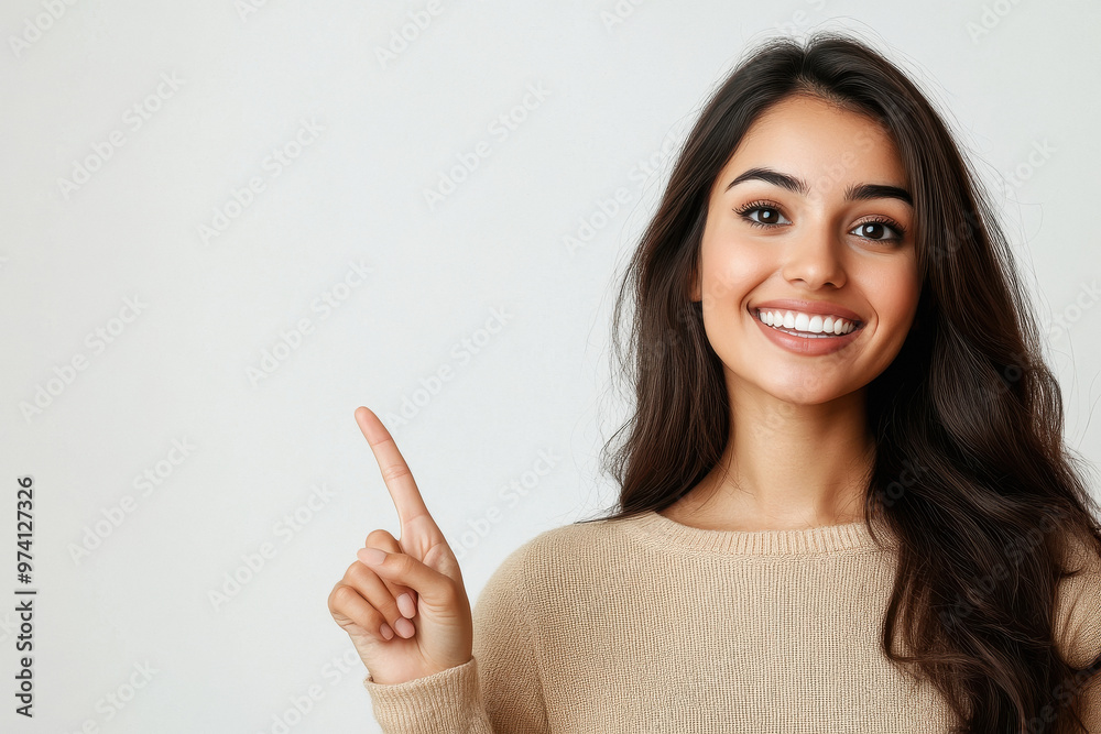 Happy modern smiling Indian woman in casual fashionable clothes pointing finger on empty space on white background. Happy modern smiling Indian woman in casual fashionable clothes pointing finger on empty space on white background.