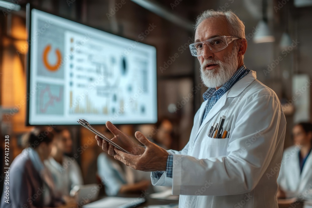 A senior doctor presenting medical data on a screen during a seminar, showcasing expertise in a modern healthcare environment. A senior doctor presenting medical data on a screen during a seminar, showcasing expertise in a modern healthcare environment.