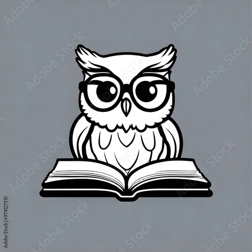 a vector logo of a cartoon owl reading a book wearing glasses, mascot, character, education, learning, wisdom, knowledge, library, study, cute, animal, bird, design, graphic, emblem, symbol, creative photo