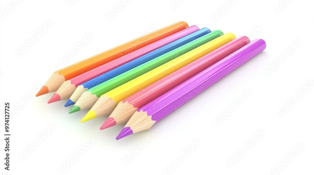 Spectrum of Creativity: A vibrant row of sharpened colored pencils stand ready to unleash artistic potential against a clean white backdrop. Spectrum of Creativity: A vibrant row of sharpened colored pencils stand ready to unleash artistic potential against a clean white backdrop.