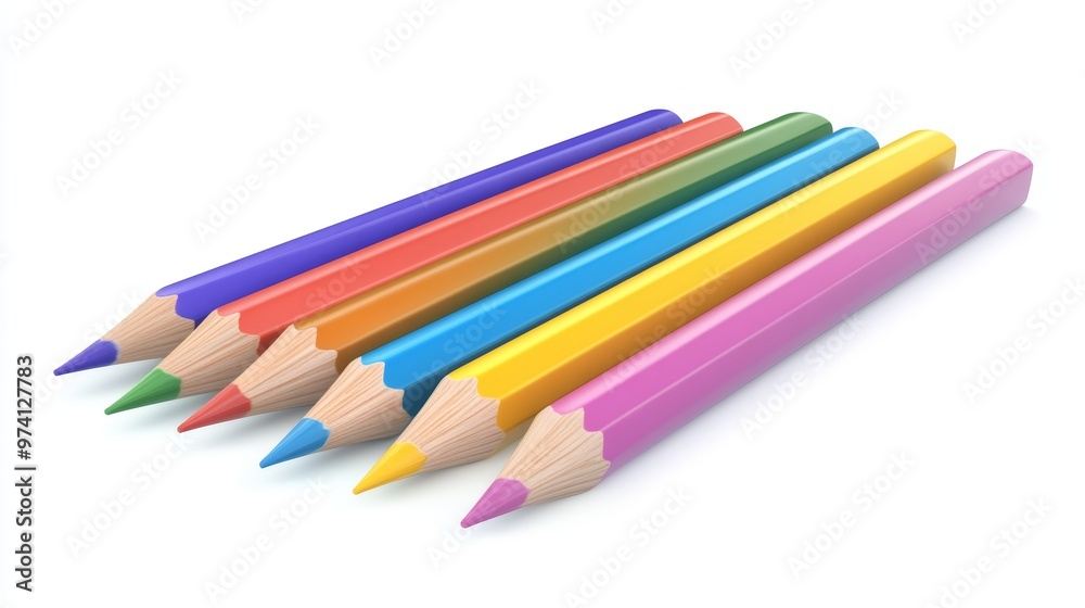 Spectrum of Creativity: A vibrant row of sharpened colored pencils stand ready to unleash artistic potential against a clean white backdrop. Spectrum of Creativity: A vibrant row of sharpened colored pencils stand ready to unleash artistic potential against a clean white backdrop.