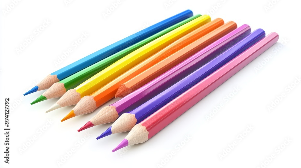 Spectrum of Creativity: A vibrant row of sharpened colored pencils stand ready to unleash artistic potential against a clean white backdrop. Spectrum of Creativity: A vibrant row of sharpened colored pencils stand ready to unleash artistic potential against a clean white backdrop.