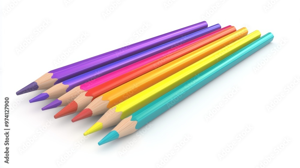 Spectrum of Creativity: A vibrant row of sharpened colored pencils stand ready to unleash artistic potential against a clean white backdrop. Spectrum of Creativity: A vibrant row of sharpened colored pencils stand ready to unleash artistic potential against a clean white backdrop.