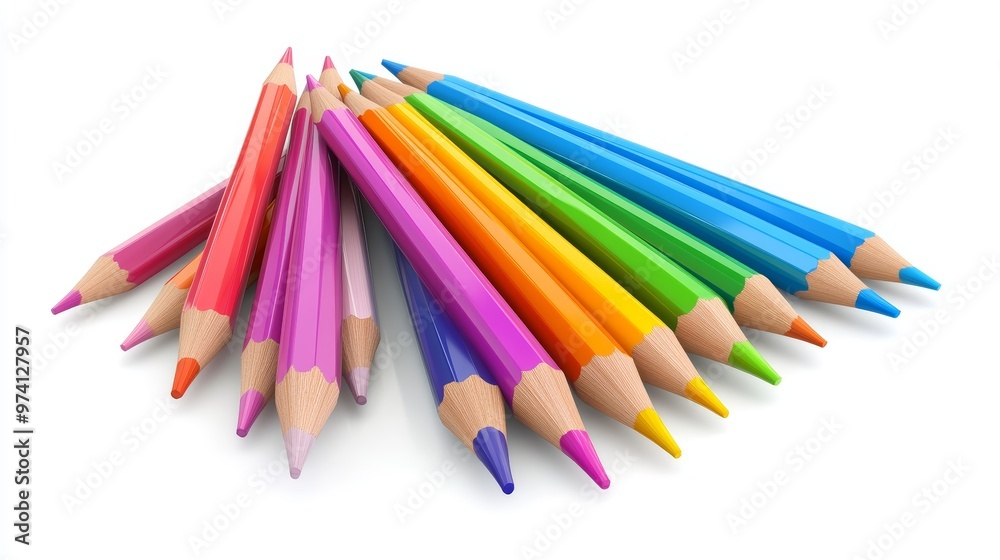 Spectrum of Creativity: A vibrant row of sharpened colored pencils stand ready to unleash artistic potential against a clean white backdrop. Spectrum of Creativity: A vibrant row of sharpened colored pencils stand ready to unleash artistic potential against a clean white backdrop.