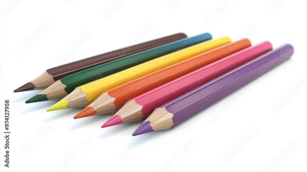 Spectrum of Creativity: A vibrant row of sharpened colored pencils stand ready to unleash artistic potential against a clean white backdrop. Spectrum of Creativity: A vibrant row of sharpened colored pencils stand ready to unleash artistic potential against a clean white backdrop.