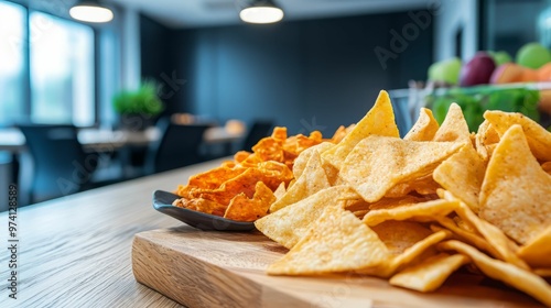 A close-up of crispy chips on a wooden platter, perfect for gatherings or snack ideas in a modern interior setting.
