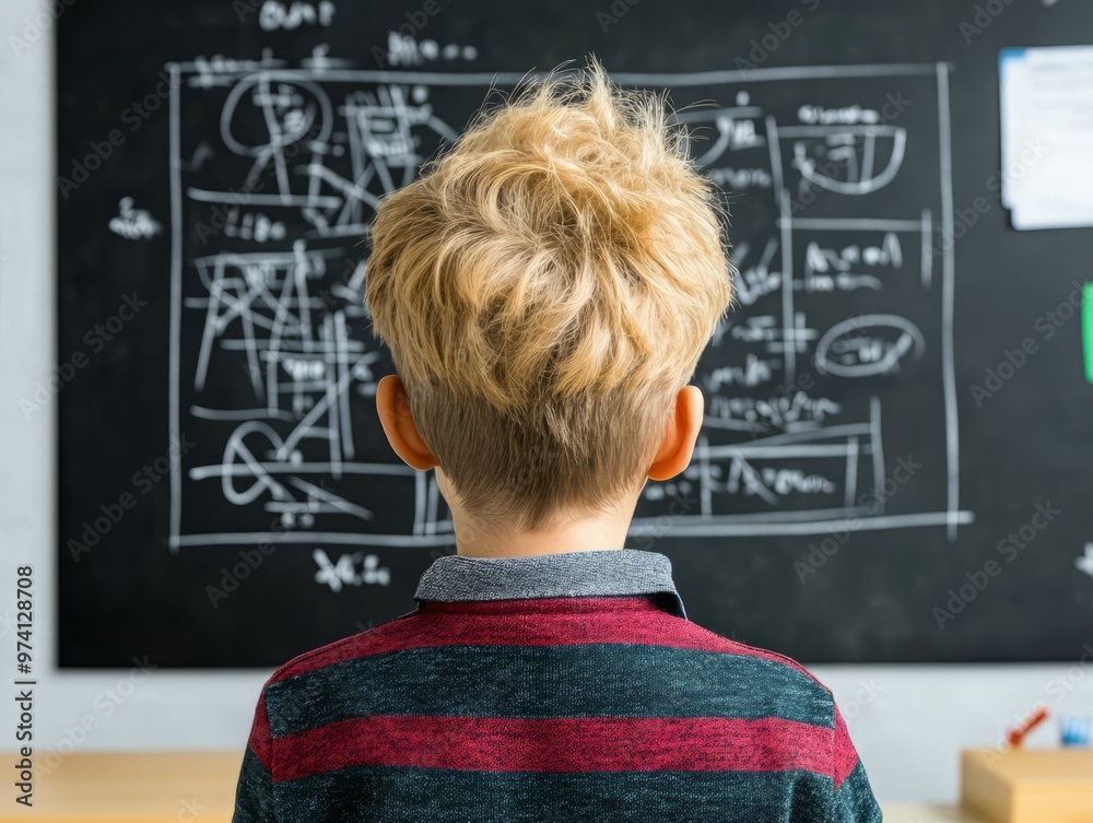 A young student thoughtfully gazes at a chalkboard filled with complex equations, sparking curiosity and learning. A young student thoughtfully gazes at a chalkboard filled with complex equations, sparking curiosity and learning.
