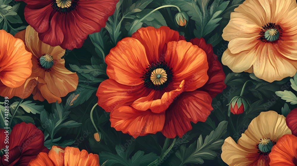 Vibrant Orange and Red Poppy Flowers in Bloom with Green Leaves Vibrant Orange and Red Poppy Flowers in Bloom with Green Leaves