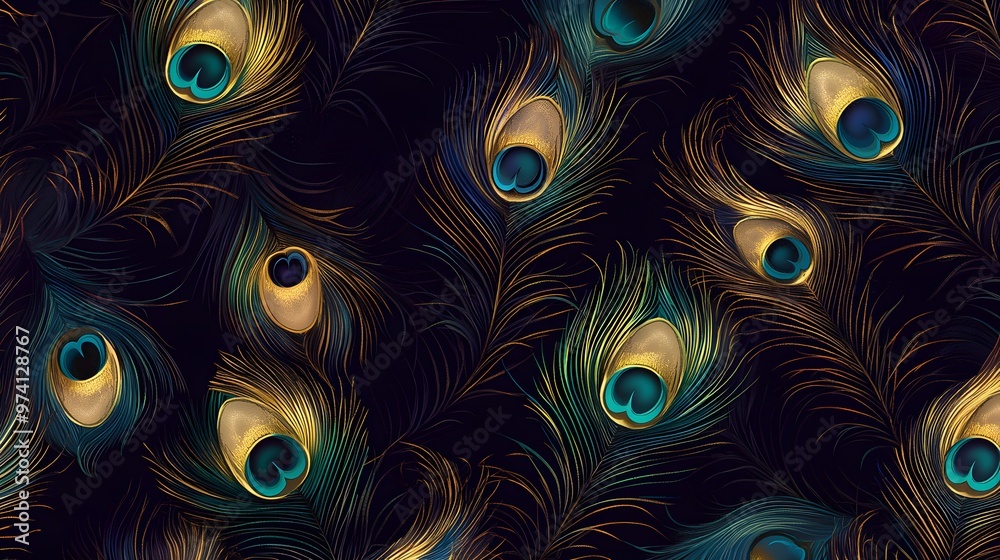 Obraz premium Peacock feathers seamless pattern gold teal transparent background