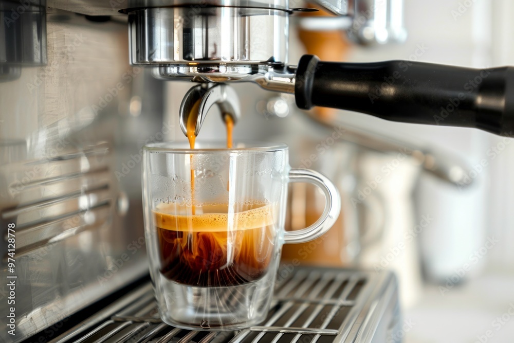 Close-up of an espresso machine brewing fresh coffee into a clear glass cup, capturing the essence of morning coffee. Close-up of an espresso machine brewing fresh coffee into a clear glass cup, capturing the essence of morning coffee.