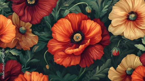 Wallpaper Mural Vibrant Orange and Red Poppy Flowers in Bloom with Green Leaves Torontodigital.ca