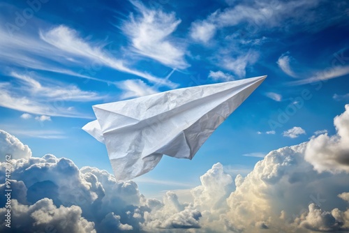 Delicate, crumpled, white paper airplane soars against a soft, blue, cloudy background, symbolizing childhood wonder, photo