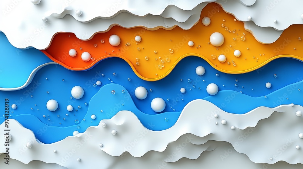 Vibrant abstract design featuring waves of blue, orange, and white with playful bubbles, perfect for modern art applications. Vibrant abstract design featuring waves of blue, orange, and white with playful bubbles, perfect for modern art applications.