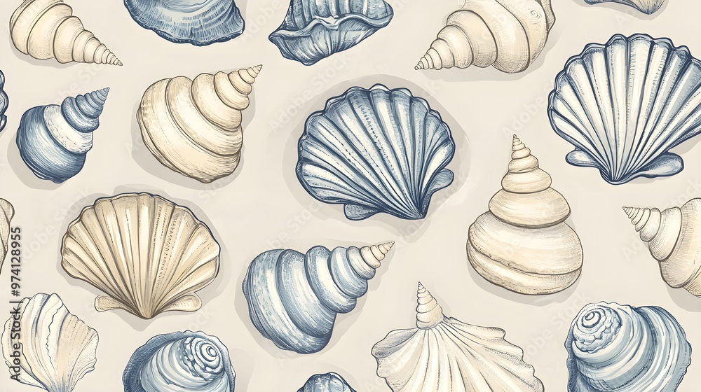 Seamless Pattern of Blue and Beige Seashells on White Background Seamless Pattern of Blue and Beige Seashells on White Background