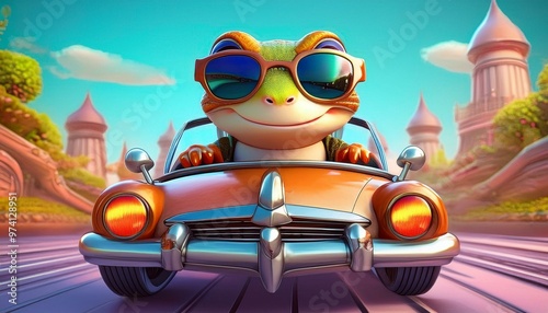 illustration of a frog wearing sunglasses driving a sedan in the middle of the city