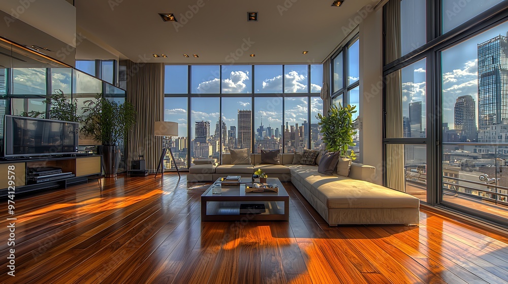 Elegant penthouse area with views of urban skyline, ultra high-def.