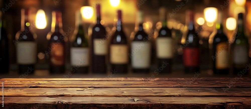 Spanish rustic pine table with a backdrop of softly blurred Rioja wine bottles. Spanish rustic pine table with a backdrop of softly blurred Rioja wine bottles.