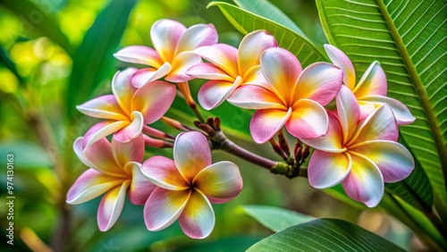 Delicate, exotic frangipani flowers with soft pink petals and yellow centers bloom on a branch, set against a