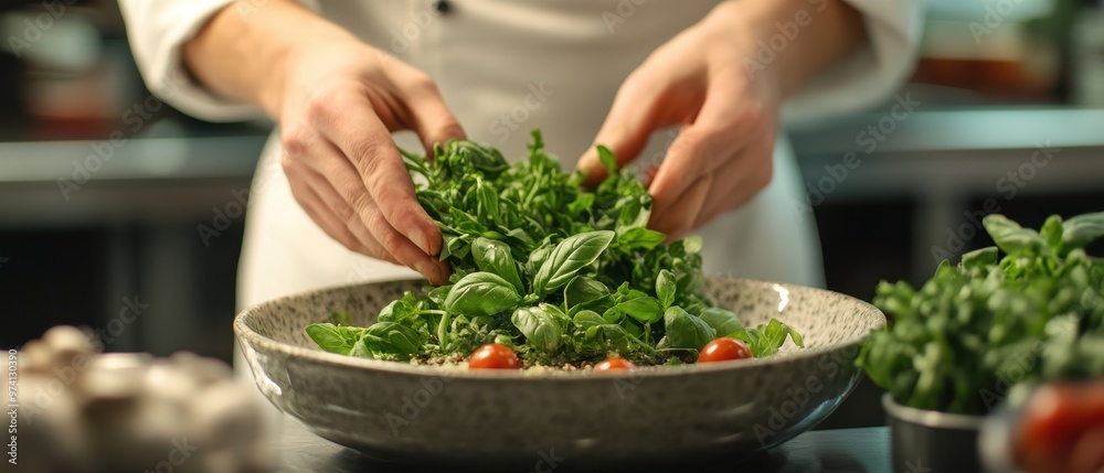 A chef carefully arranges fresh greens in a bowl, showcasing vibrant colors and textures in a modern kitchen environment. A chef carefully arranges fresh greens in a bowl, showcasing vibrant colors and textures in a modern kitchen environment.