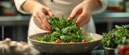 A chef carefully arranges fresh greens in a bowl, showcasing vibrant colors and textures in a modern kitchen environment.