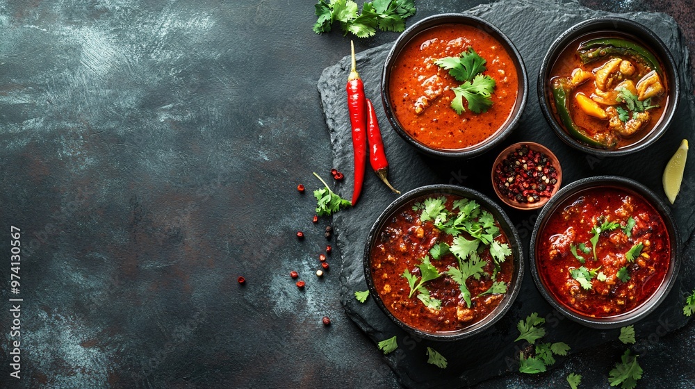 Four Bowls of Spicy Red Indian Curries with Fresh Cilantro and Chili Peppers on a Black Slate.