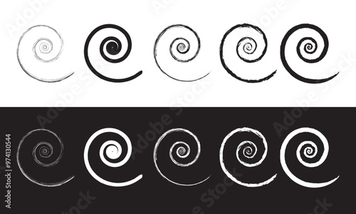 Spiral abstract circle, swirl brush stroke hypnosis psychedelic shape, geometric textured form. Grunge irregular free hand doodle meander.  Isolated on black and white background. Vector Illustration.