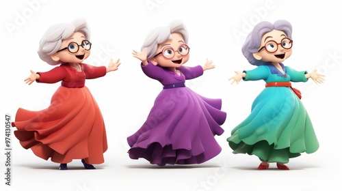Charming 3d cartoon character of a joyful elderly woman dancing and celebrating with glee