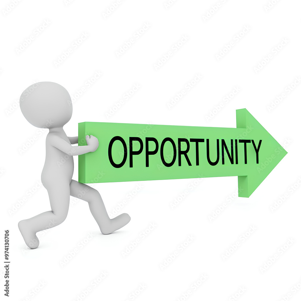 A 3D figure pushes a large green arrow labeled 'OPPORTUNITY,' symbolizing the active pursuit of new possibilities. A 3D figure pushes a large green arrow labeled 'OPPORTUNITY,' symbolizing the active pursuit of new possibilities.