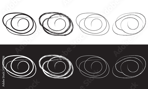 Spiral abstract circle, swirl brush stroke hypnosis psychedelic shape, geometric textured form. Grunge irregular free hand doodle meander.  Isolated on black and white background. Vector Illustration.