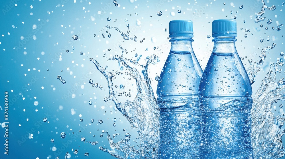 Refreshing water droplets, clean background, splashes framing edges, ideal for promoting bottled water, iced beverages, conveying hydration and vitality Refreshing water droplets, clean background, splashes framing edges, ideal for promoting bottled water, iced beverages, conveying hydration and vitality