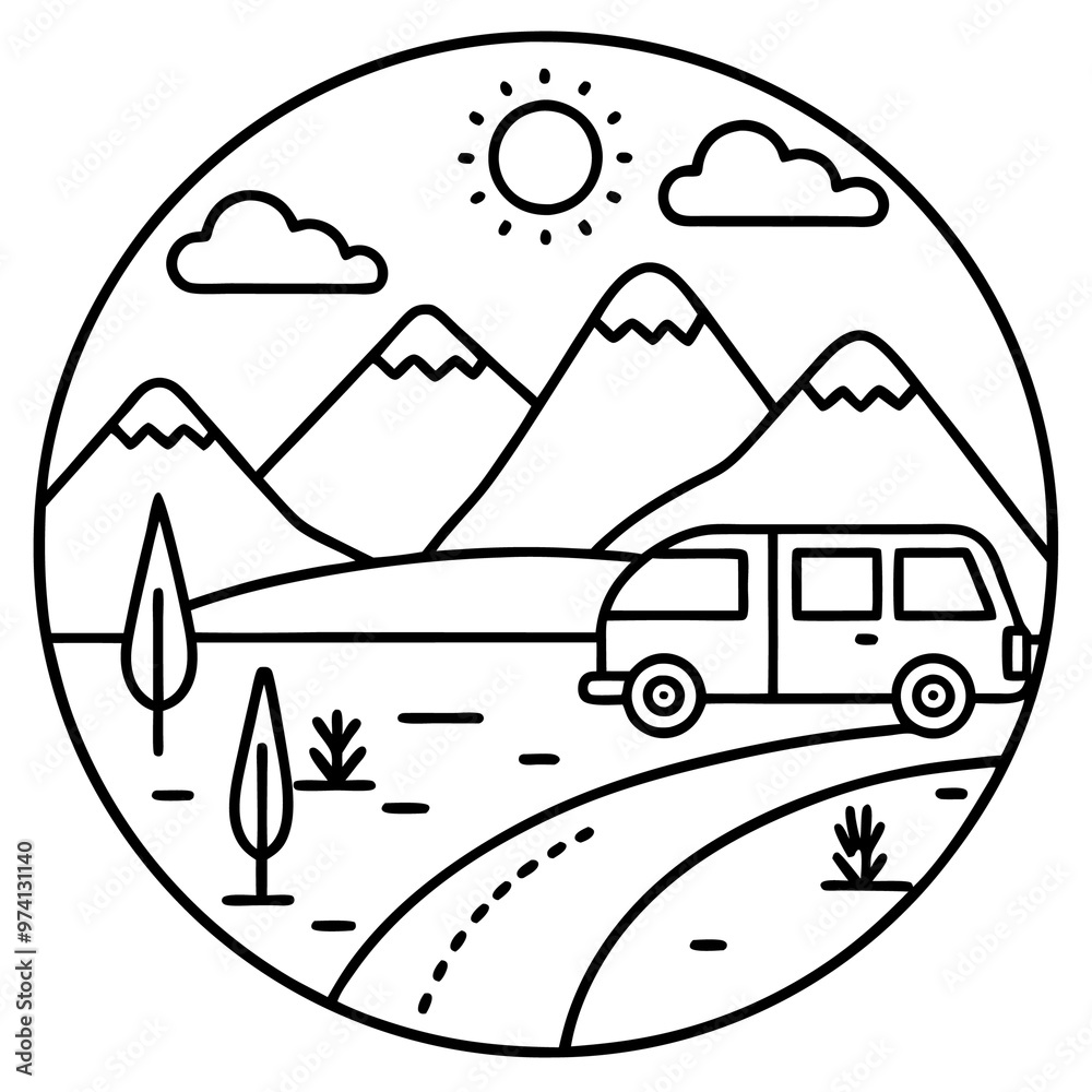 Naklejka premium road trip outline coloring book page line art drawing