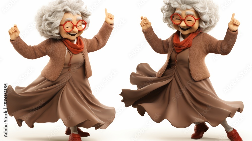 Fototapeta premium Cheerful 3d cartoon elderly woman dancing joyfully, full body isolated on white background
